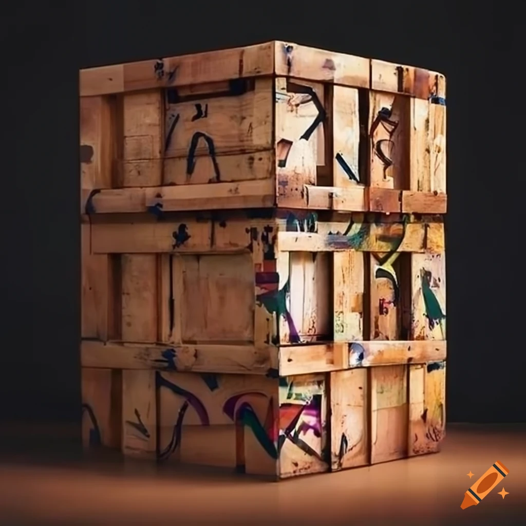 Graffiti covered wooden crates art installation on Craiyon