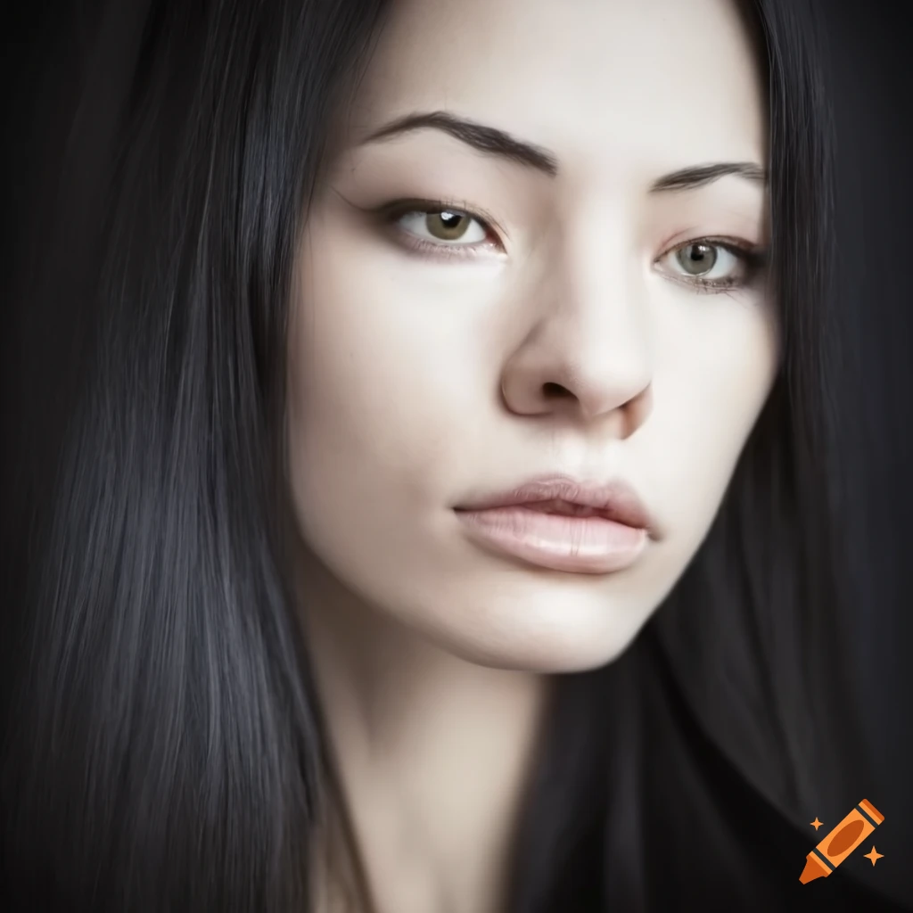Portrait of a woman with long black hair and black eyes on Craiyon
