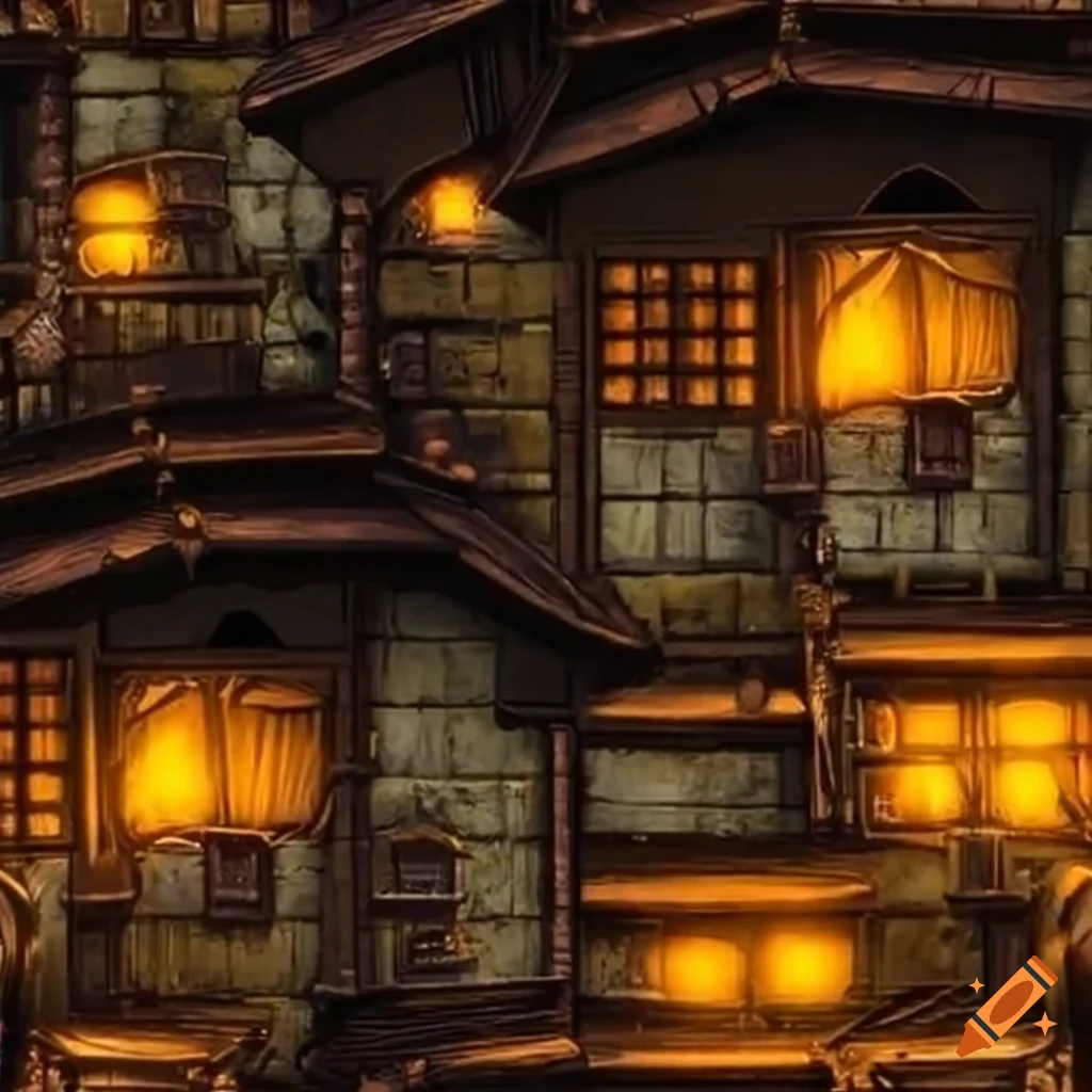 studio ghibli-style steampunk town video game tileset sprite sheet
