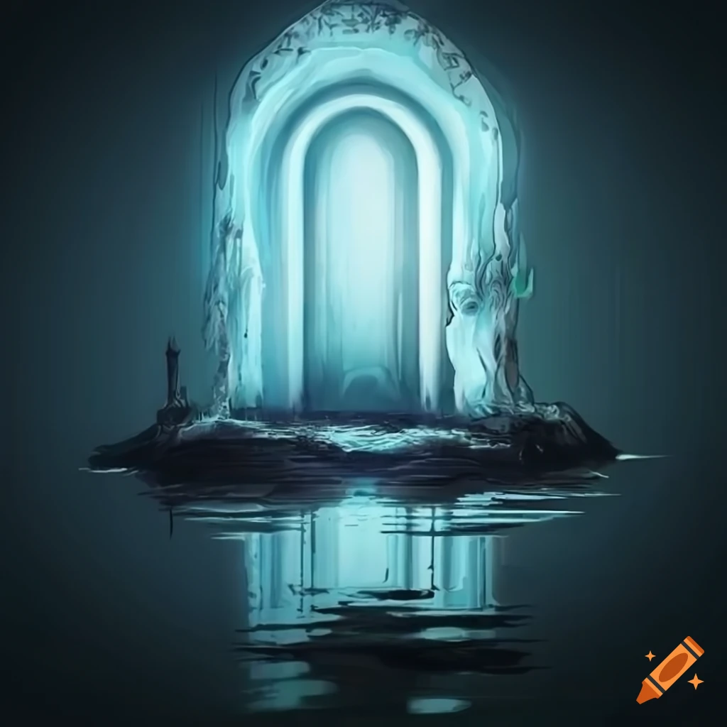 abstract fantasy art with floating black islands and 7 white doors