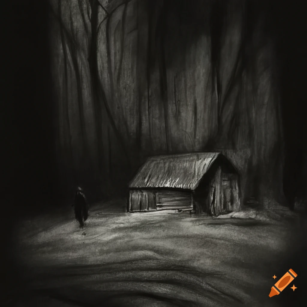 charcoal sketch of run-down shacks in the woods