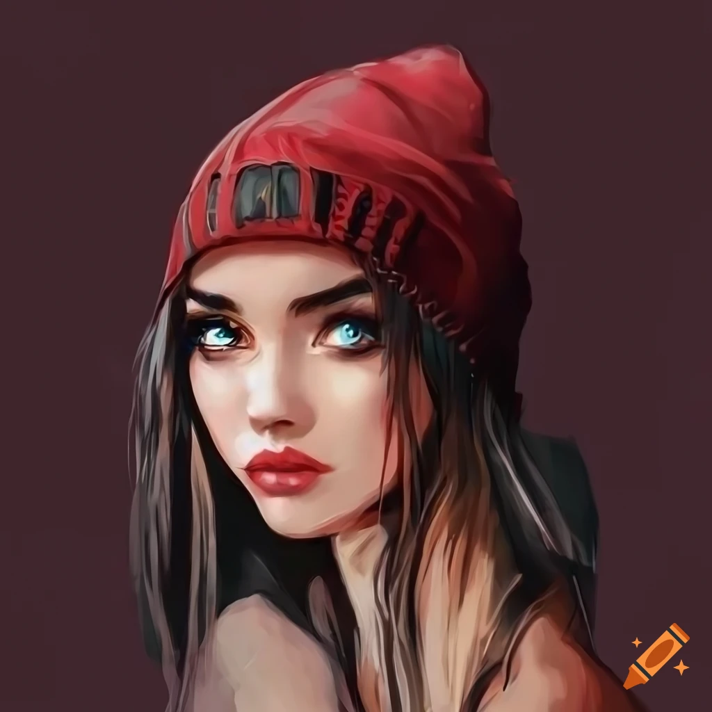 Digital art of stylish woman in leather jacket and beanie