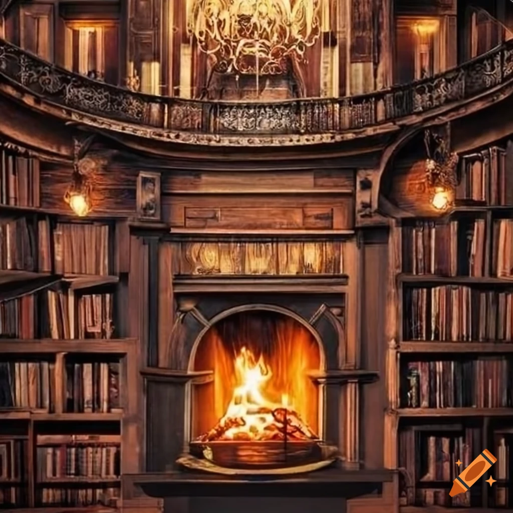 Cozy library with fireplace and antler decor on Craiyon