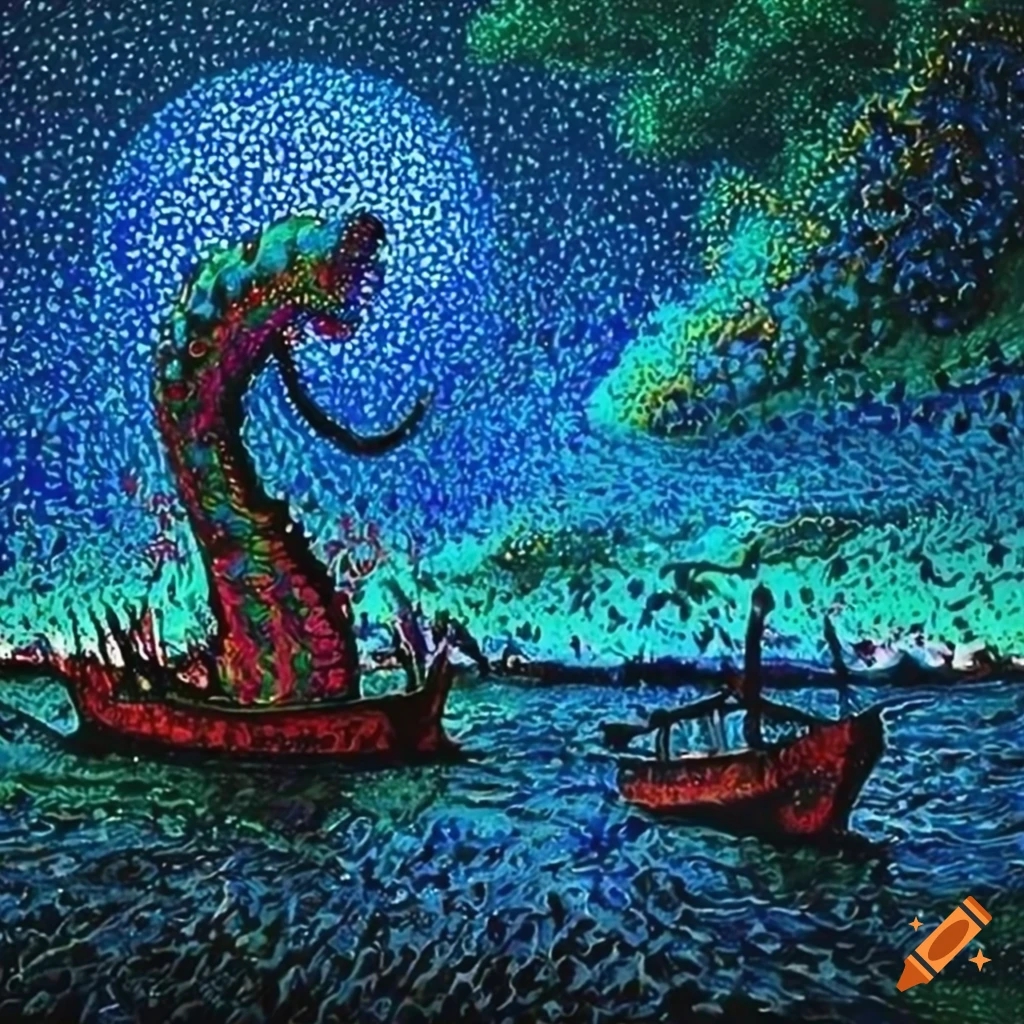 pointillism artwork of a sea monster attacking a boat at night