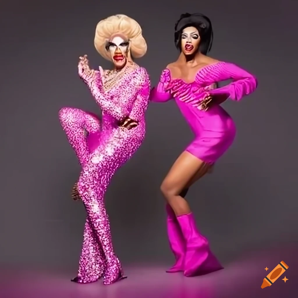 drag queen and friend in matching costumes on runway