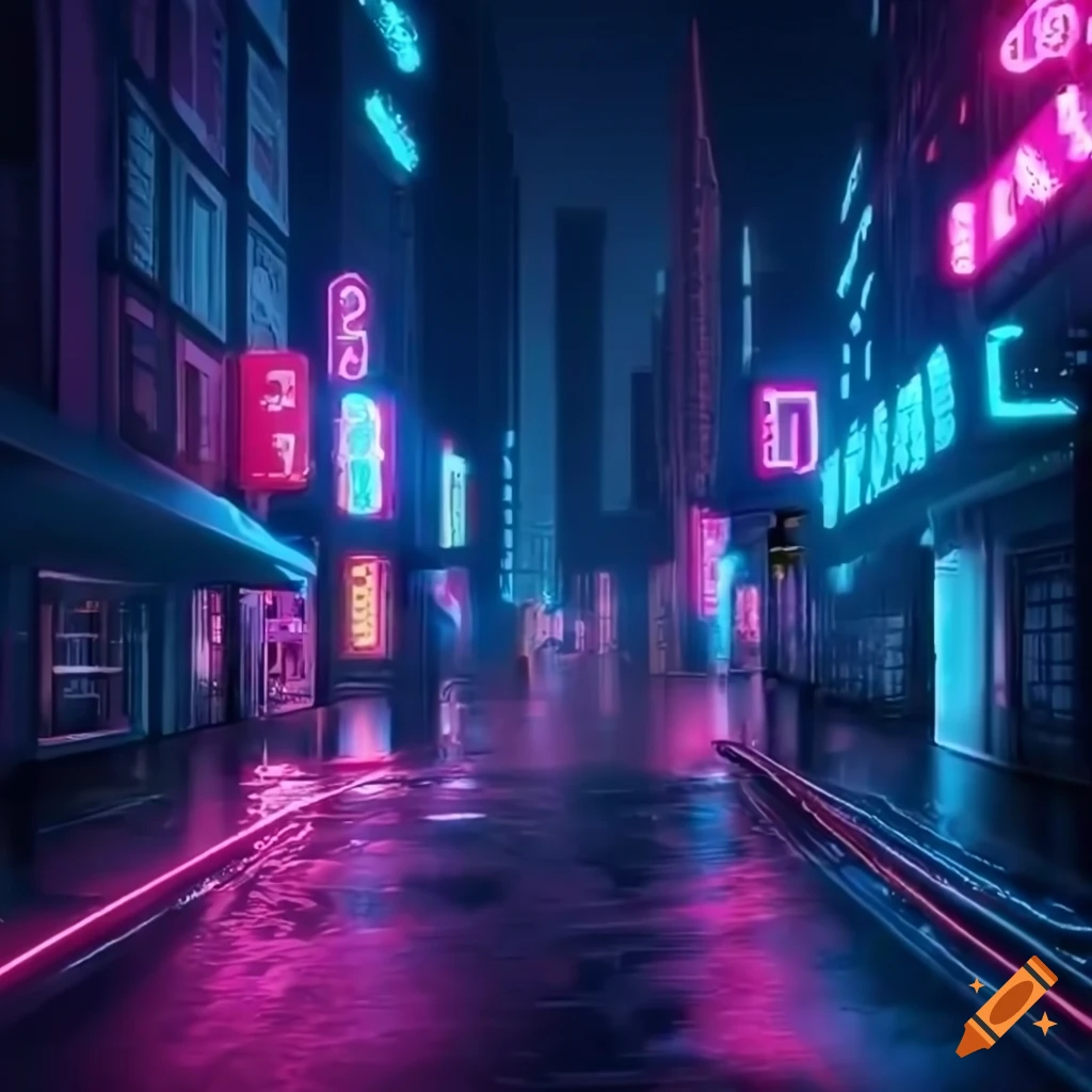 neon lights shining in a snowy city at night