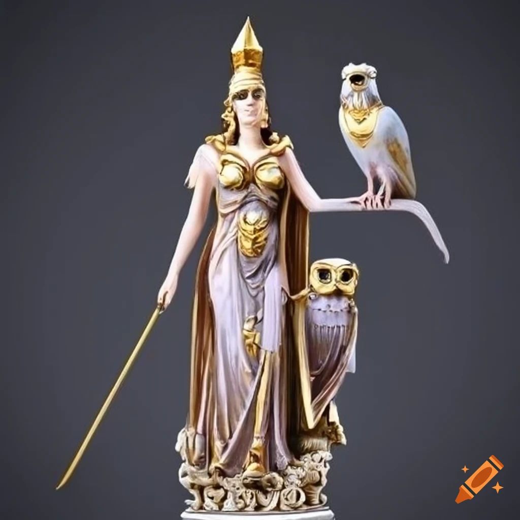 Colorful depiction of the greek goddess athena with helmet and owl