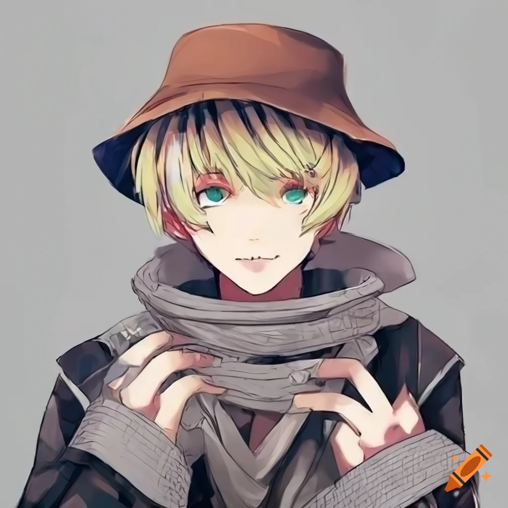 fashionable blonde anime boy wearing a bucket hat