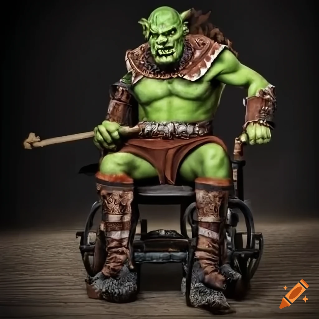 Illustration of an orc warrior in a wheelchair wielding a flail on Craiyon