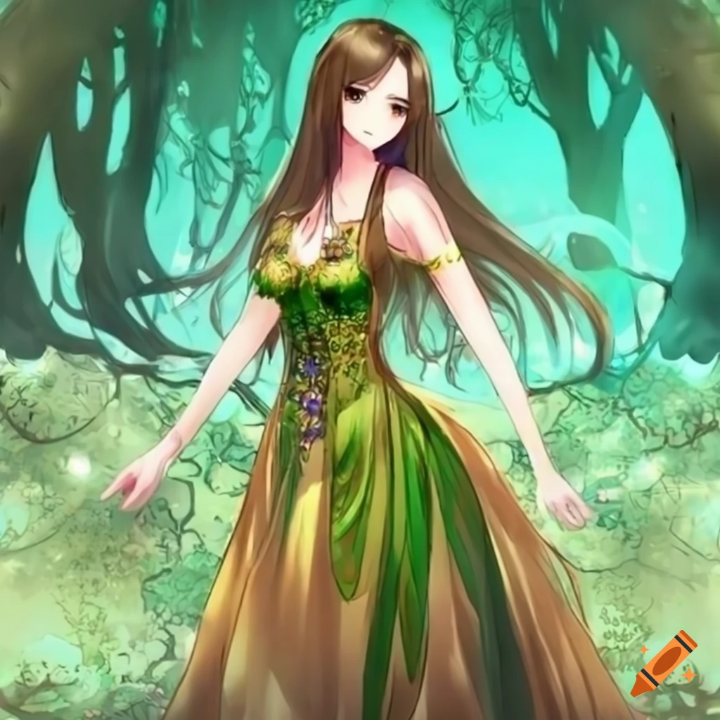 Illustration of a mystical forest with a woman in a green and gold ...