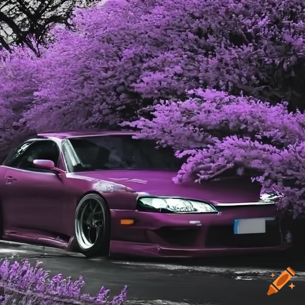 Wallpaper of a lavender bonsai with a parked nissan s15 on Craiyon