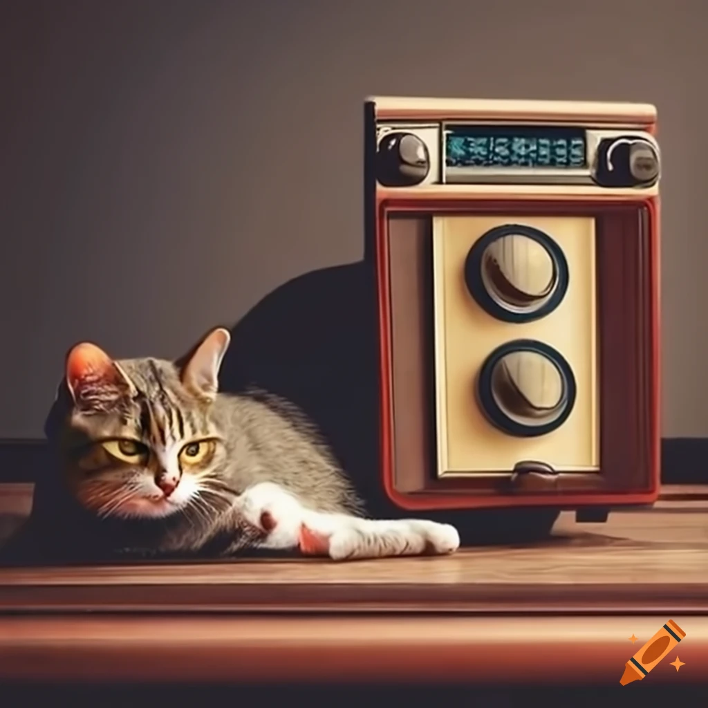 Retro radio with a dog resting beside it on Craiyon
