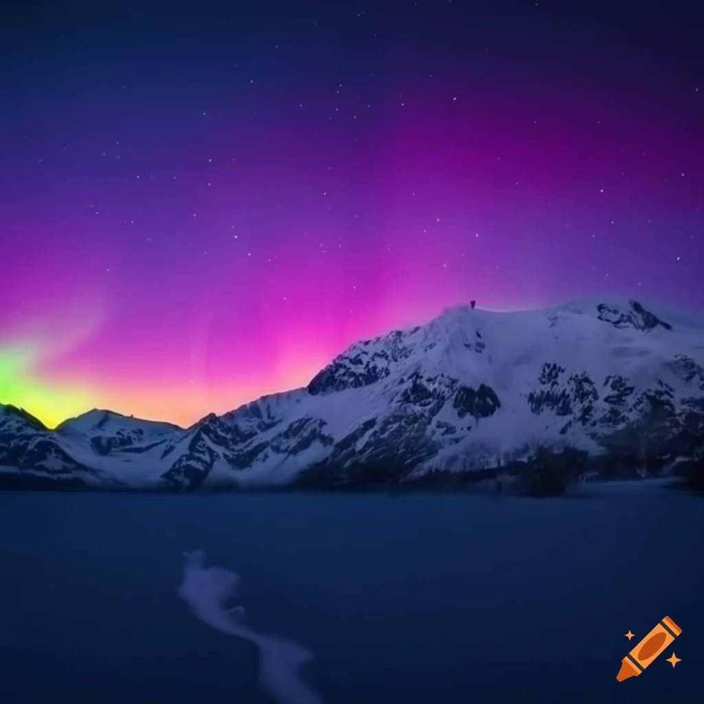 Polar lights over snowy mountain