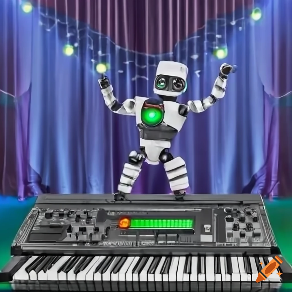 colorful dancing robot playing keyboard on stage