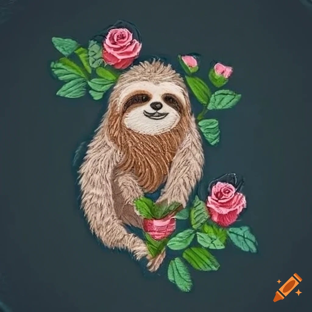 sloth with roses in patch style