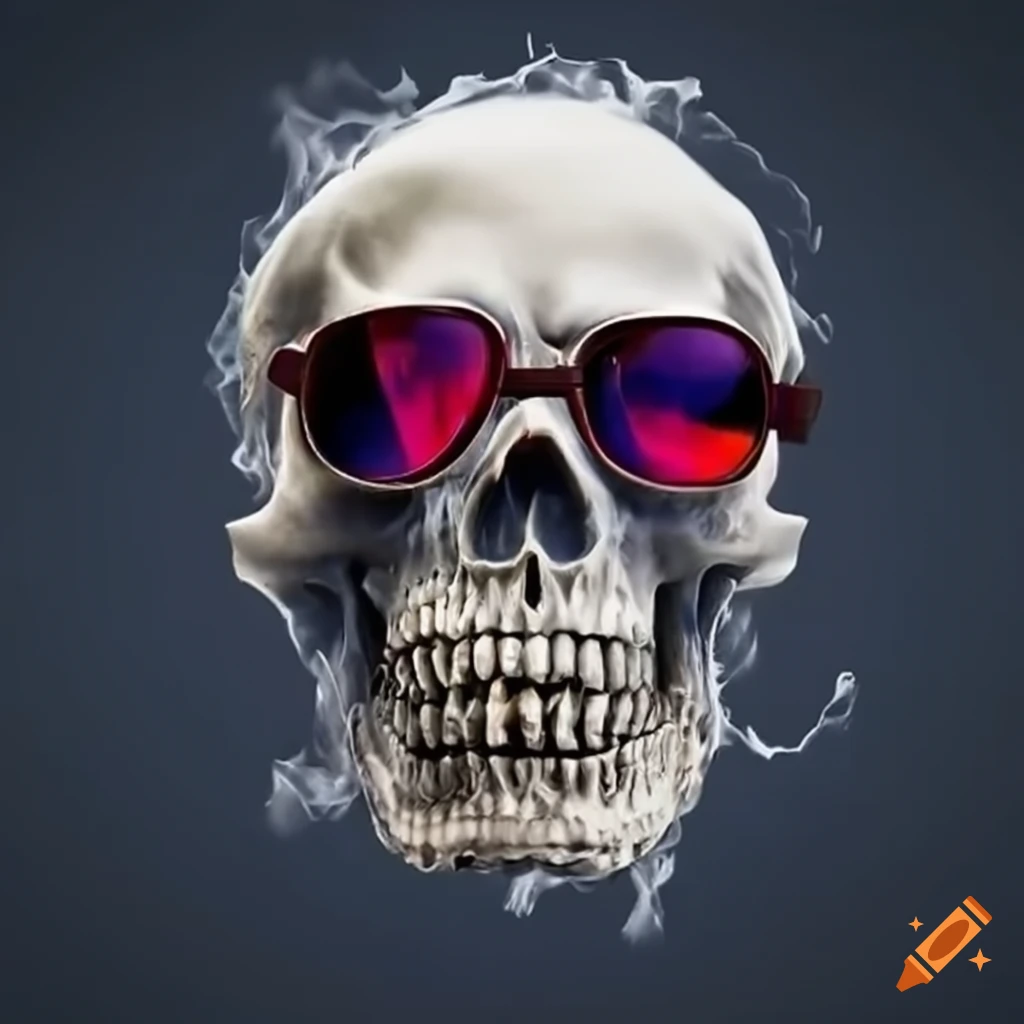artistic representation of a flaming skull with sunglasses