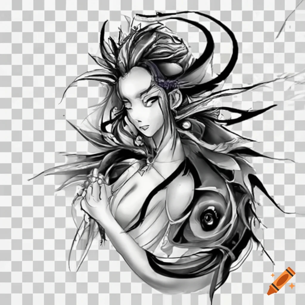 KREA - tattoo design, stencil, beautiful girls face, long black hair, roses  and ivy surrounding by artgerm, artgerm, cat girl, anime