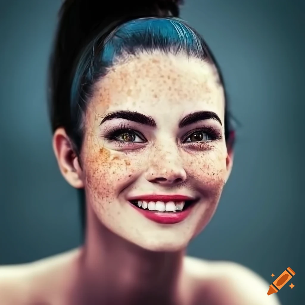 Portrait of a beautiful young woman with freckles and dark hair on Craiyon