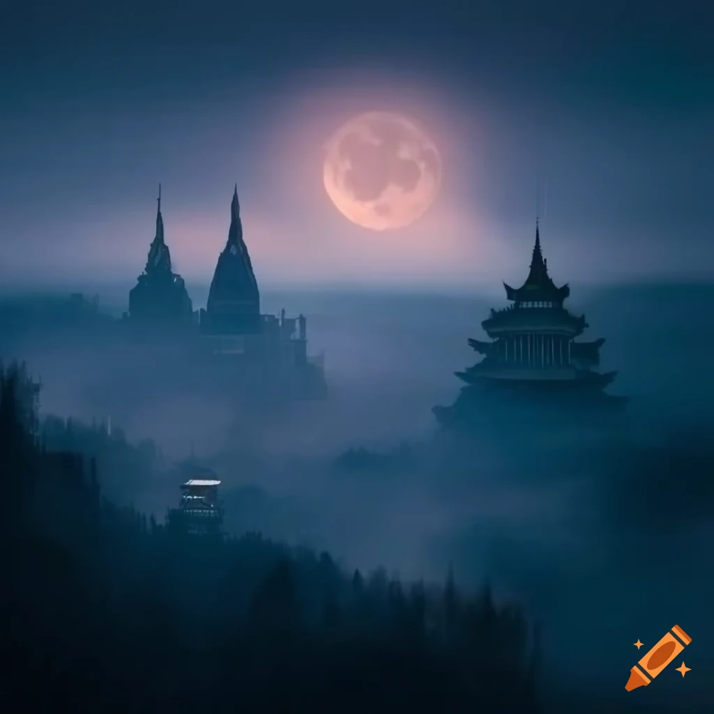 futuristic city with temple and moonlit night