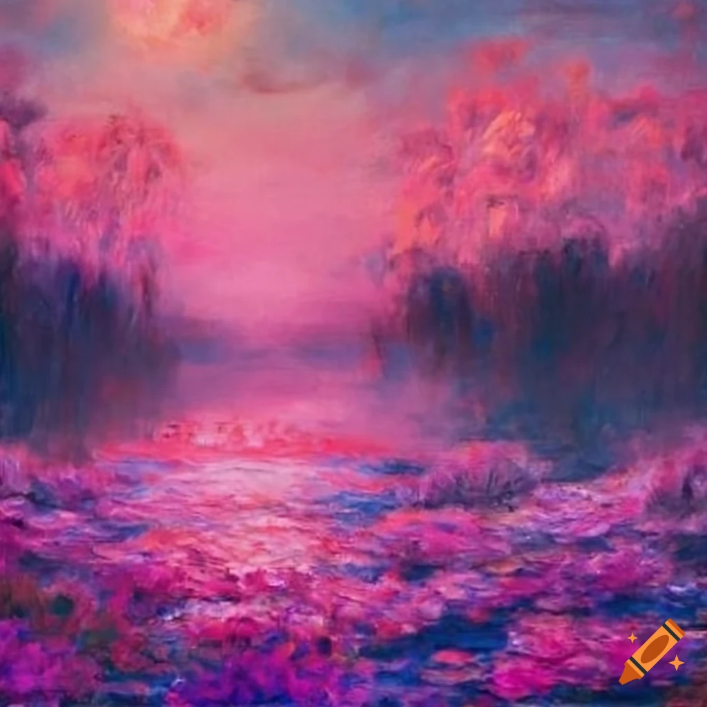 Monet-inspired pink sky landscape
