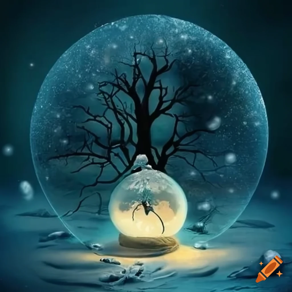 Fantasy glass ball with yellow sparks in a park with surreal monster