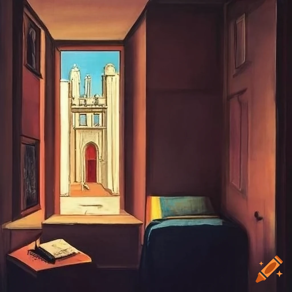 Interior of a student s bedroom with a view through a window on craiyon