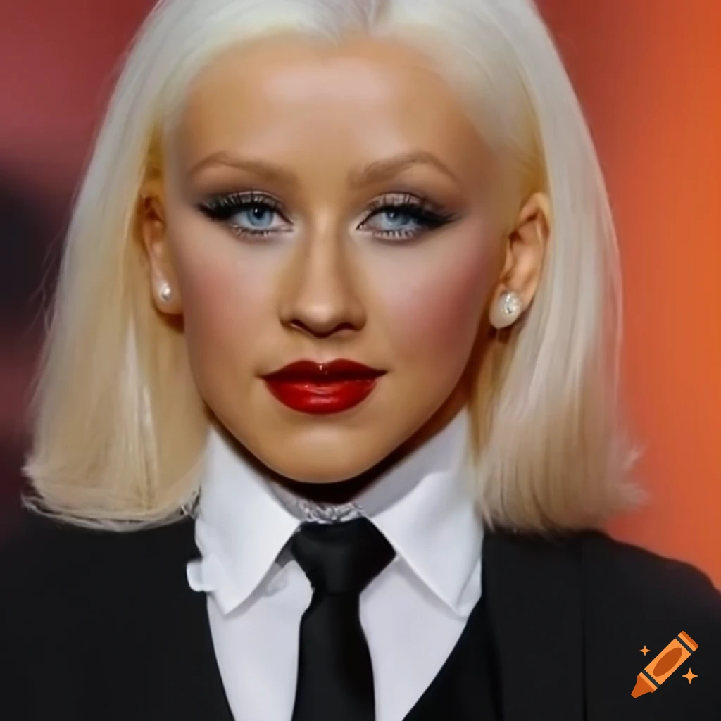Close up of christina aguilera in black suit and white shirt
