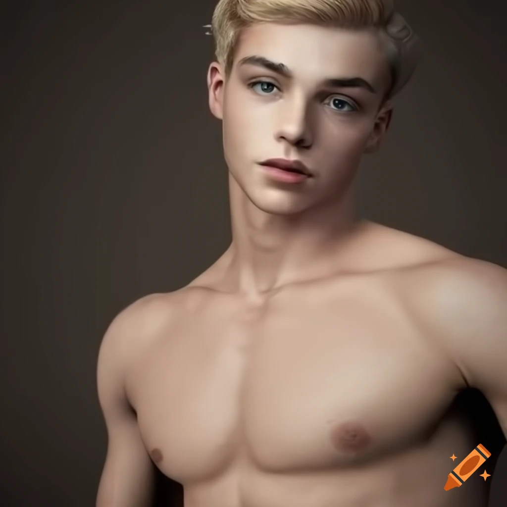 photorealistic image of a shirtless blonde male model from the 1950s