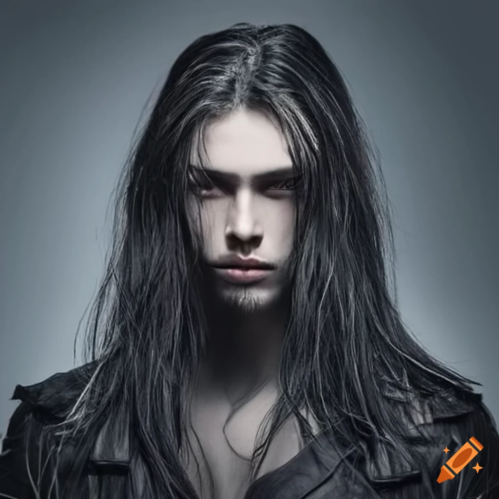 handsome rocker with long straight hair and black eyes