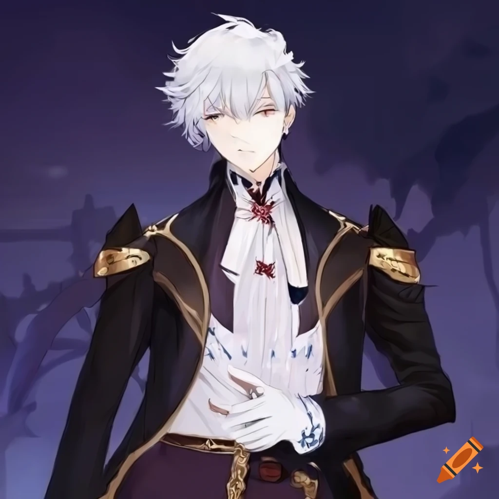 A white haired young anime boy, blindfolded, street