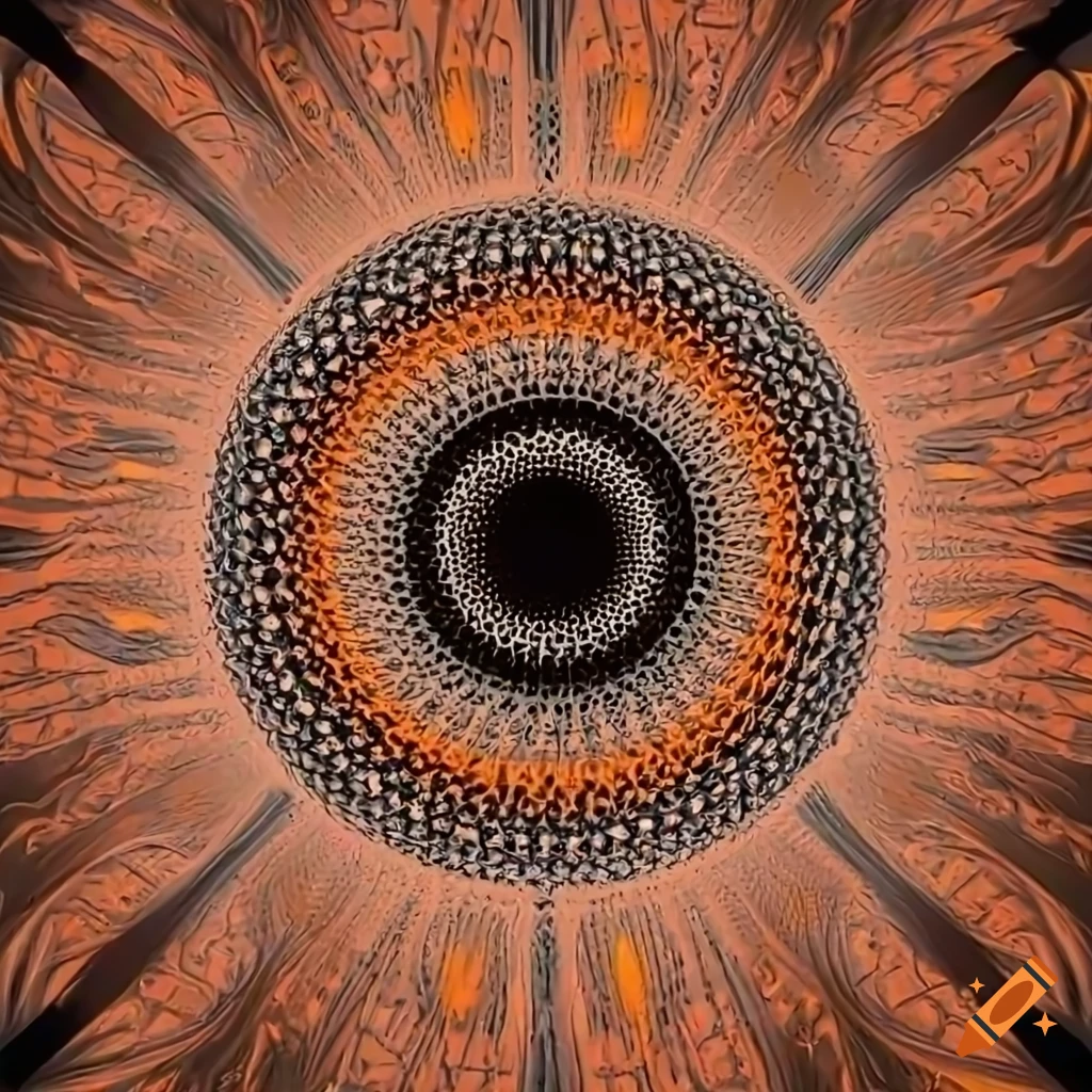 close-up of a seed with concentric circles on orange background