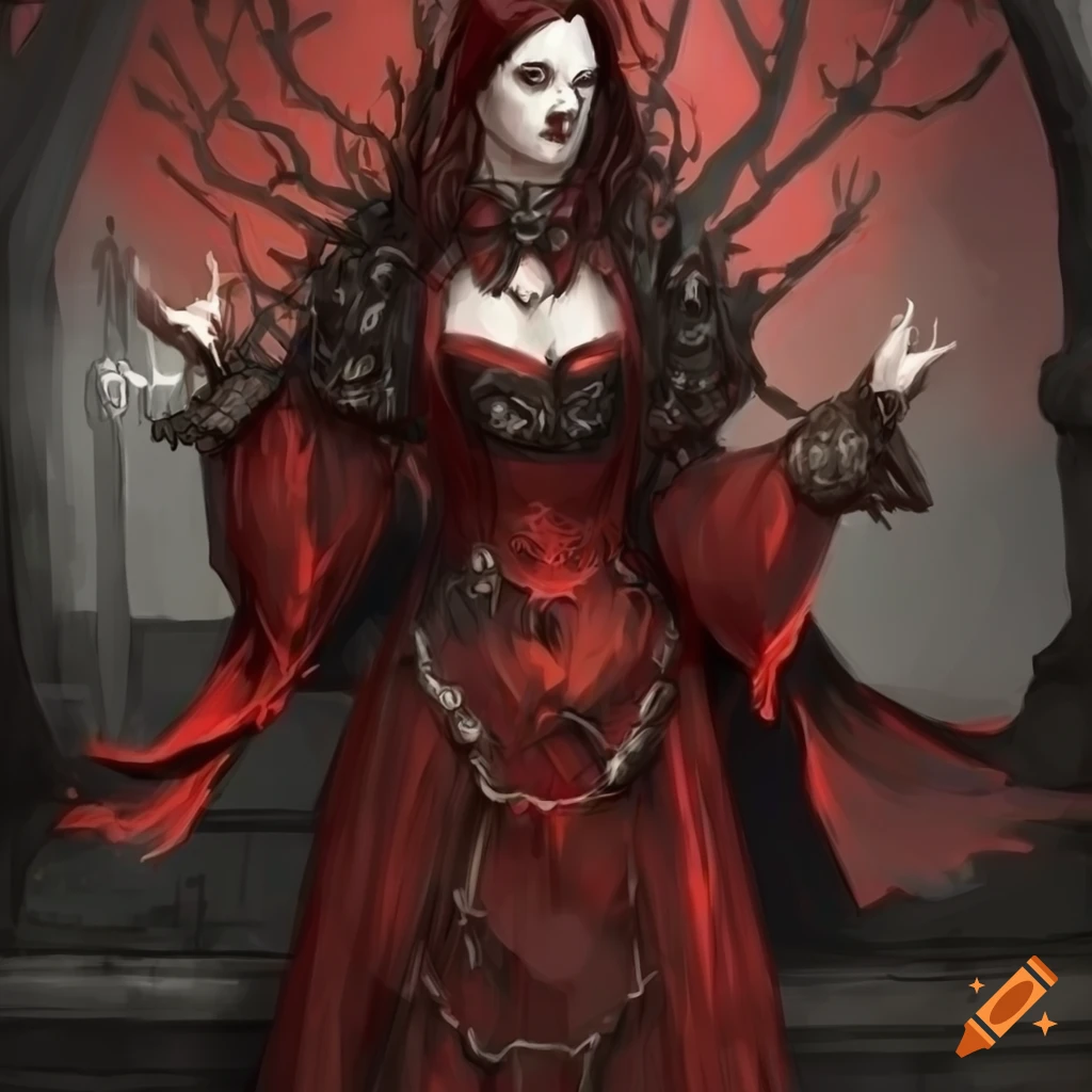 Fantasy queen with long crimson hair and a beautiful gown. golden lighting.  concept art on Craiyon
