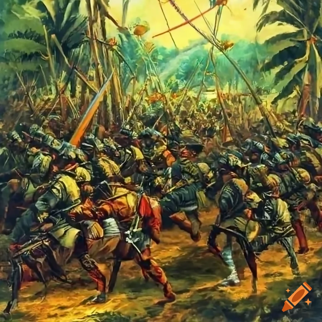 classic oil painting of Landsknecht marching in the jungle