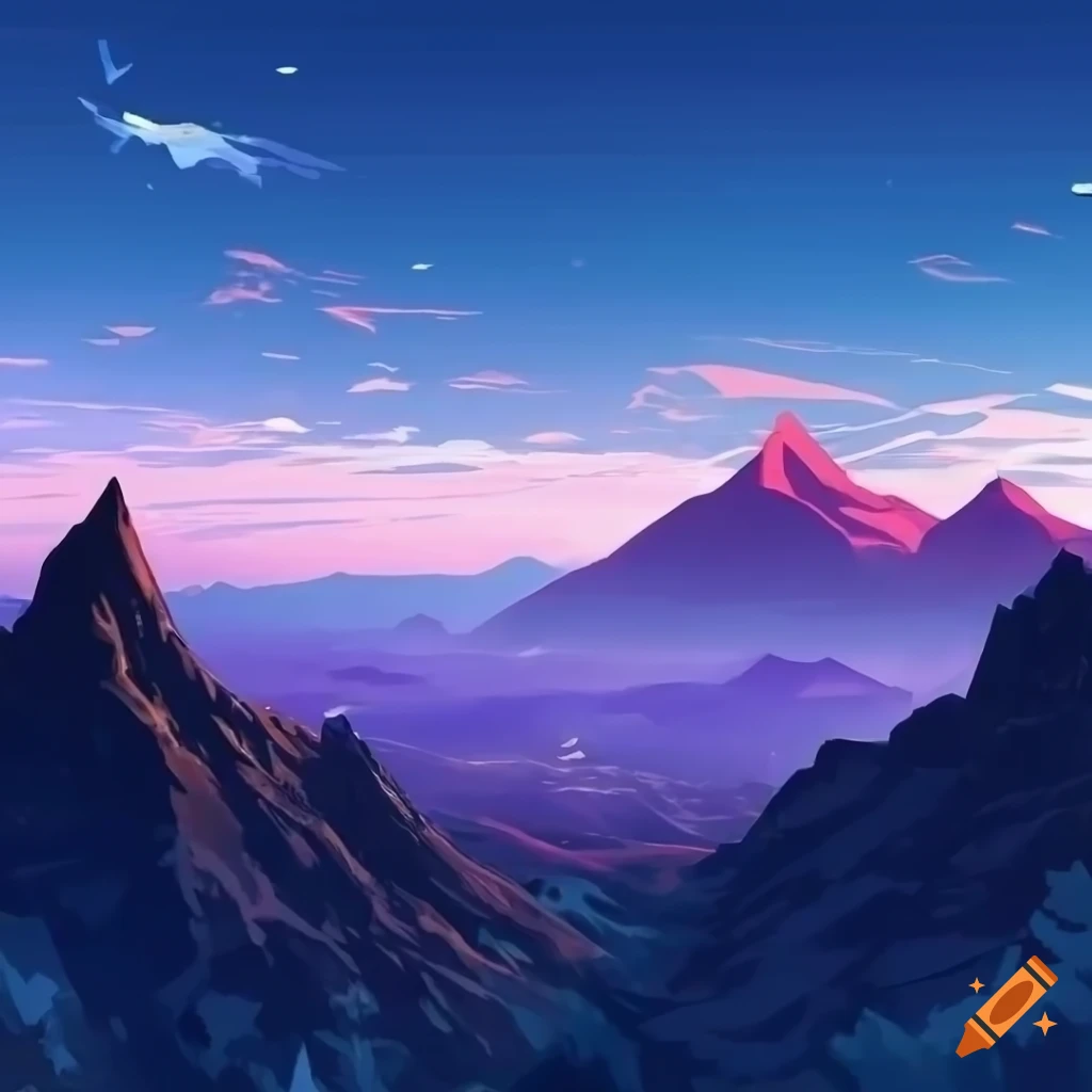 panoramic digital art of anime-style mountains at dusk