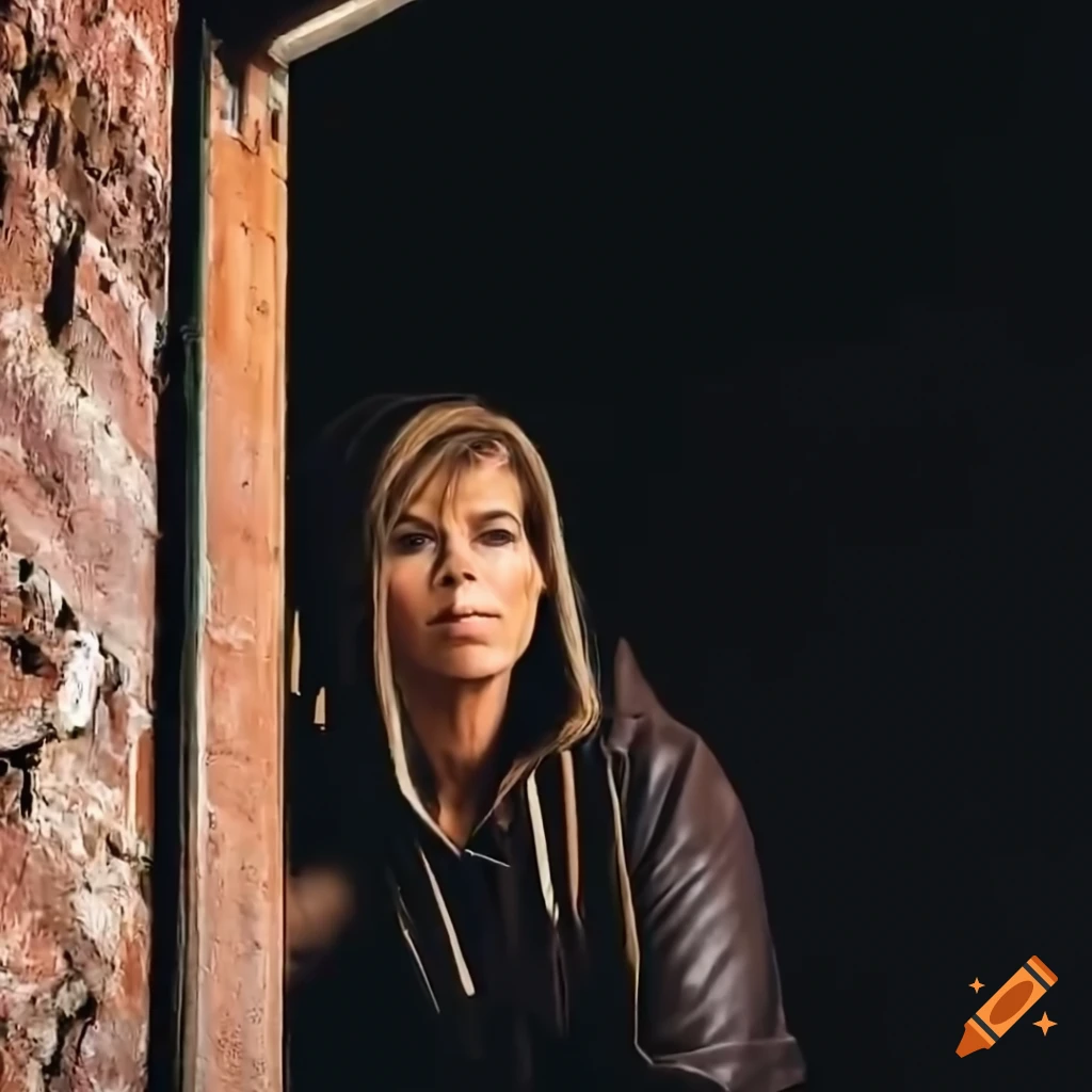 close-up view of a person peeking through a derelict building door