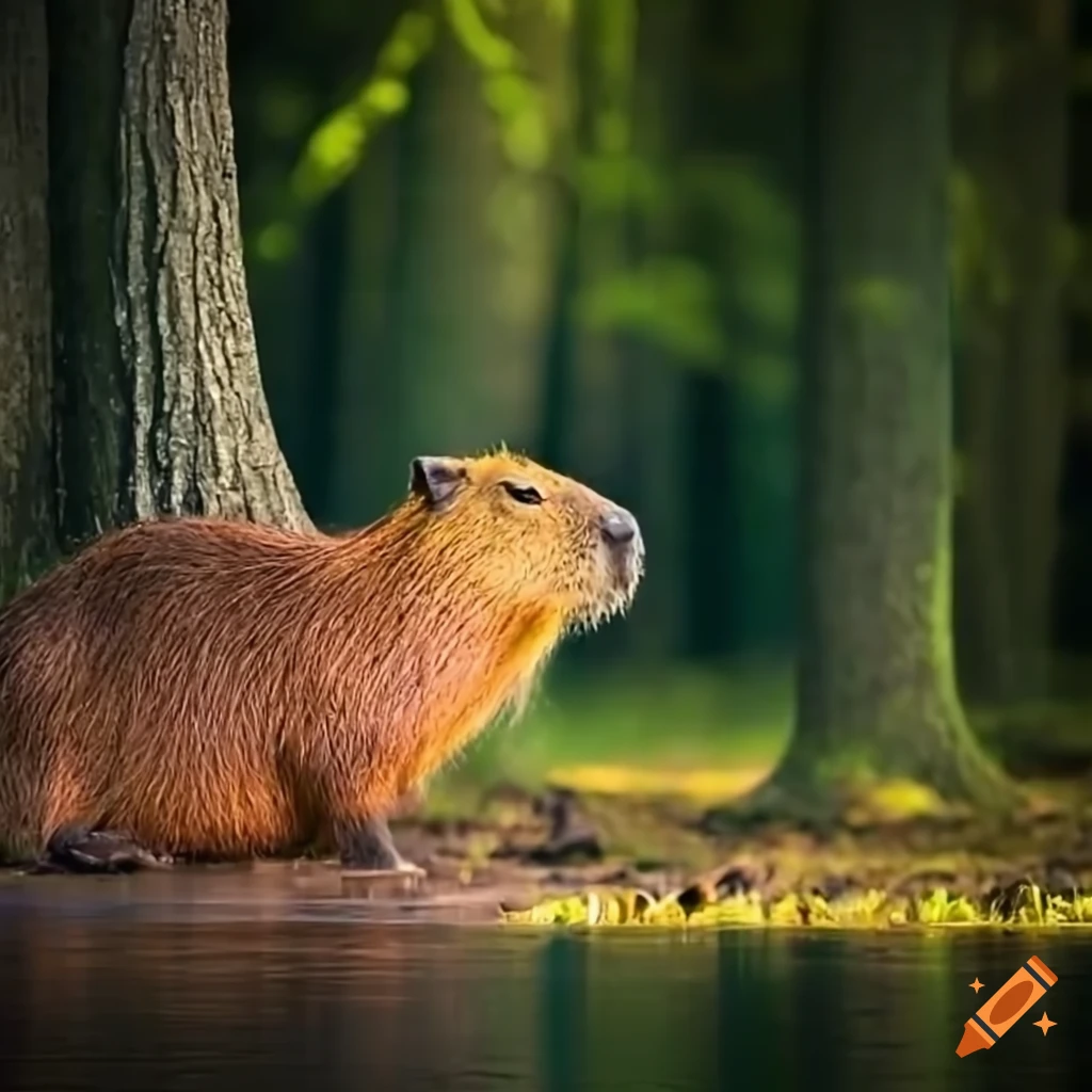 capybara in a forest near a lake
