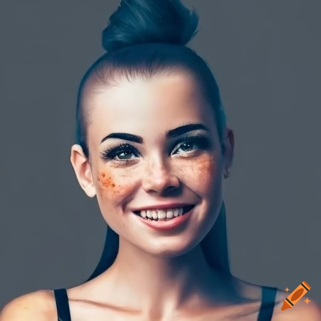 Portrait of a young woman with freckles and dark hair on Craiyon