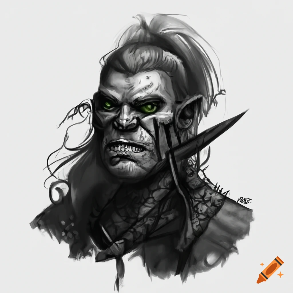 Detailed black and white drawing of a half-orc with an axe