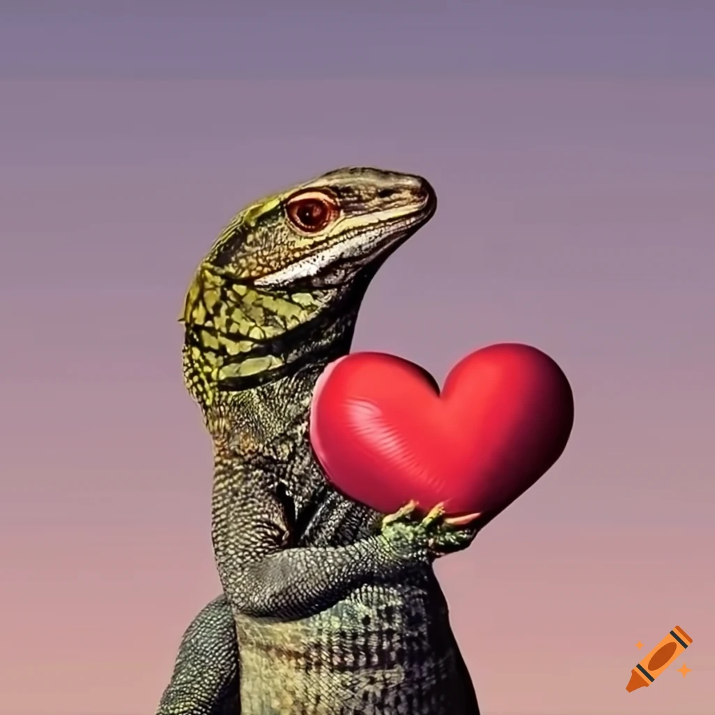 Unique photo of a monitor lizard holding a heart on Craiyon