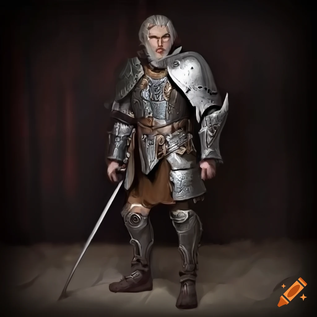 Image of a grayhaired warrior in heavy armor wielding a rapier on Craiyon