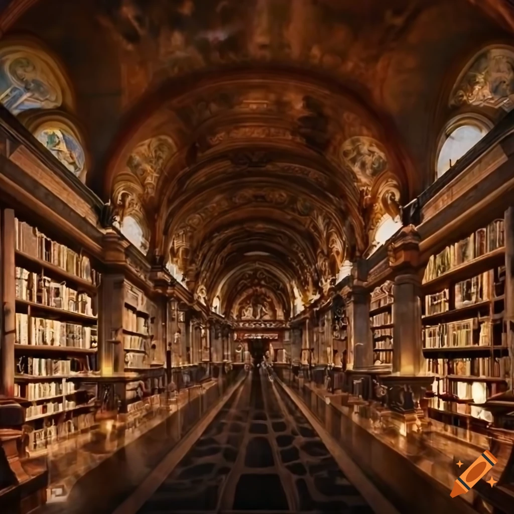 Interior of a grand library with celestial sky clouds and light on Craiyon