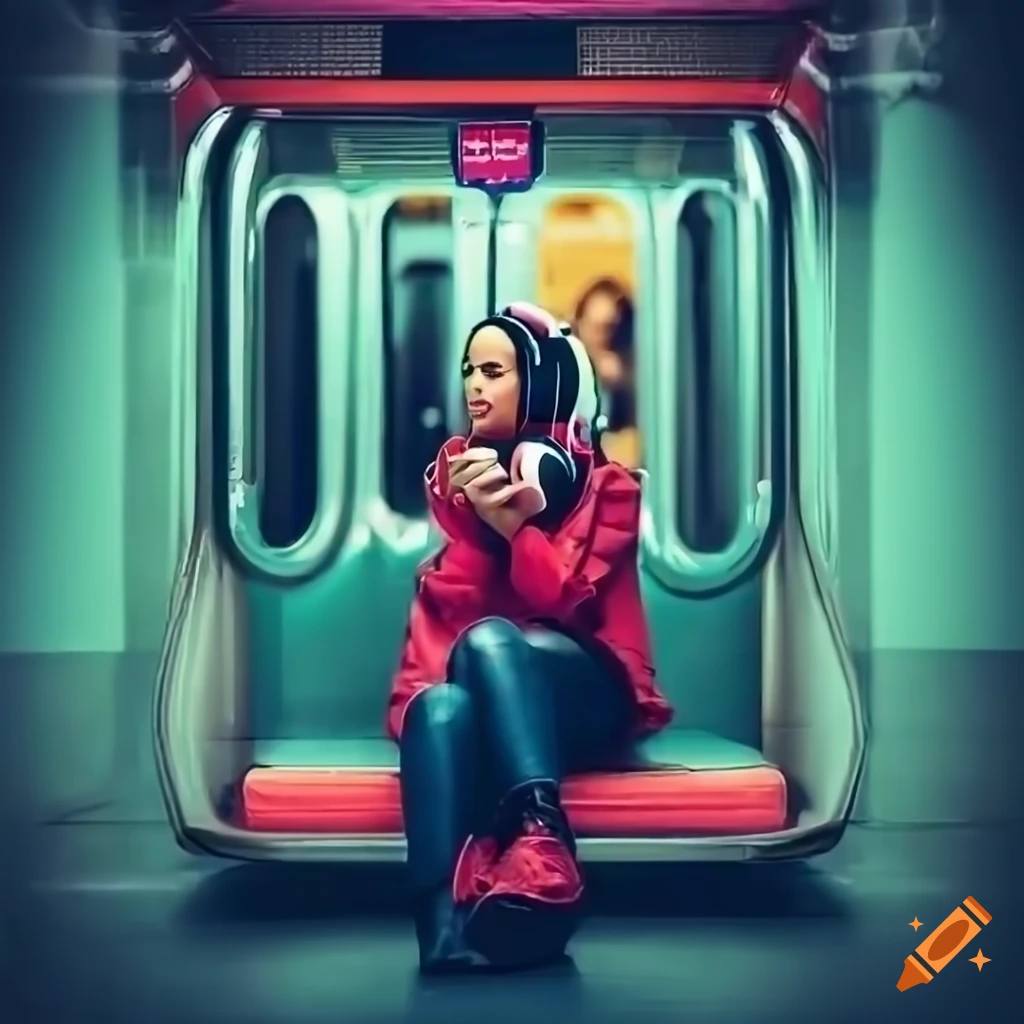 girl with headphones sitting in the subway