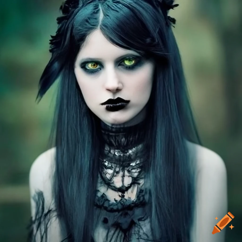 Ethereal gothic vampire Young lady with black hair& Crystal blue