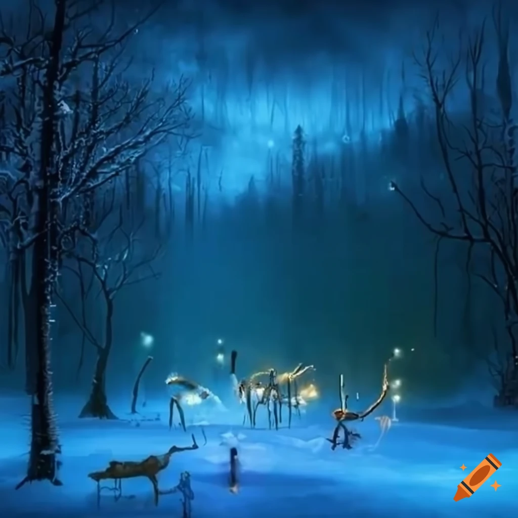 image of a magical park with sparkling snow and surreal creatures