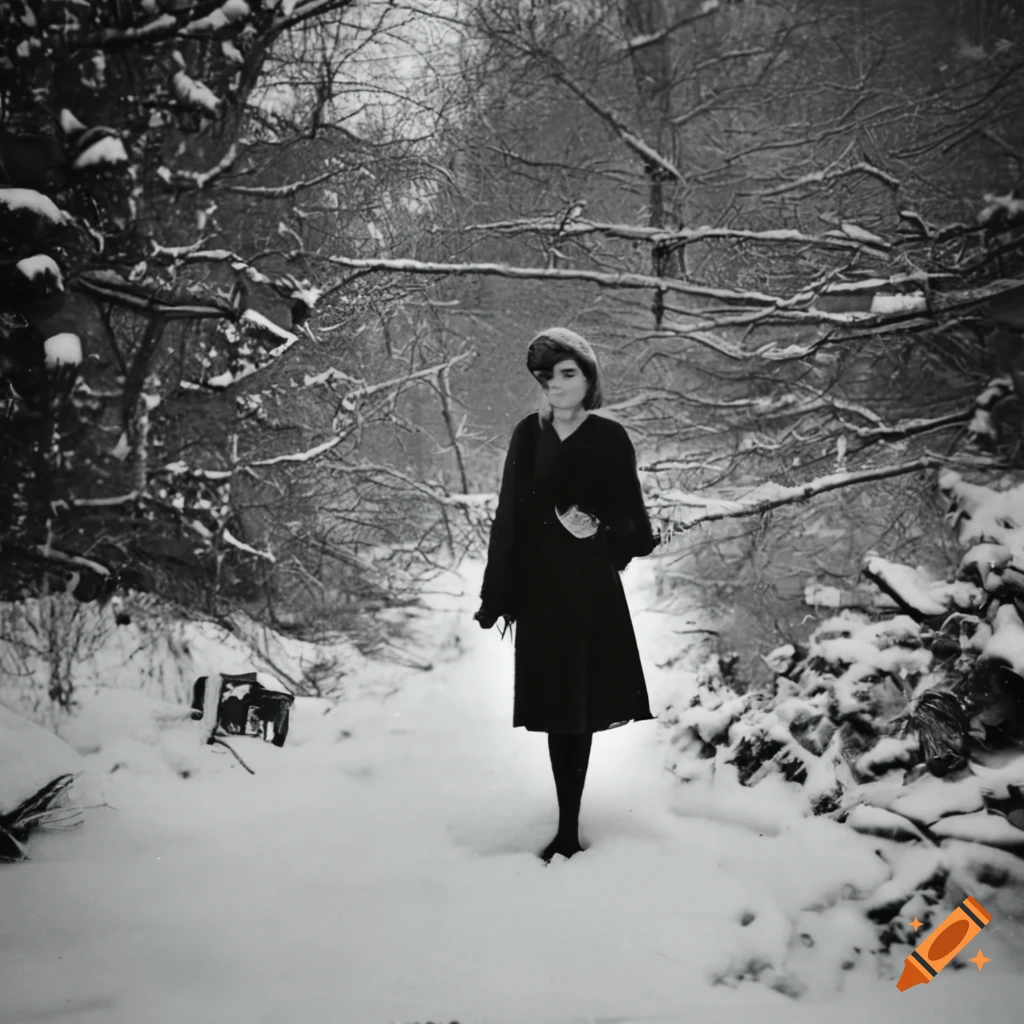 vintage photo of a sad woman walking in the snow