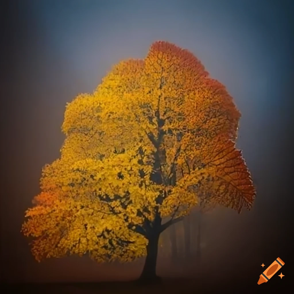 yellow-leafed tree with red berries on a foggy day