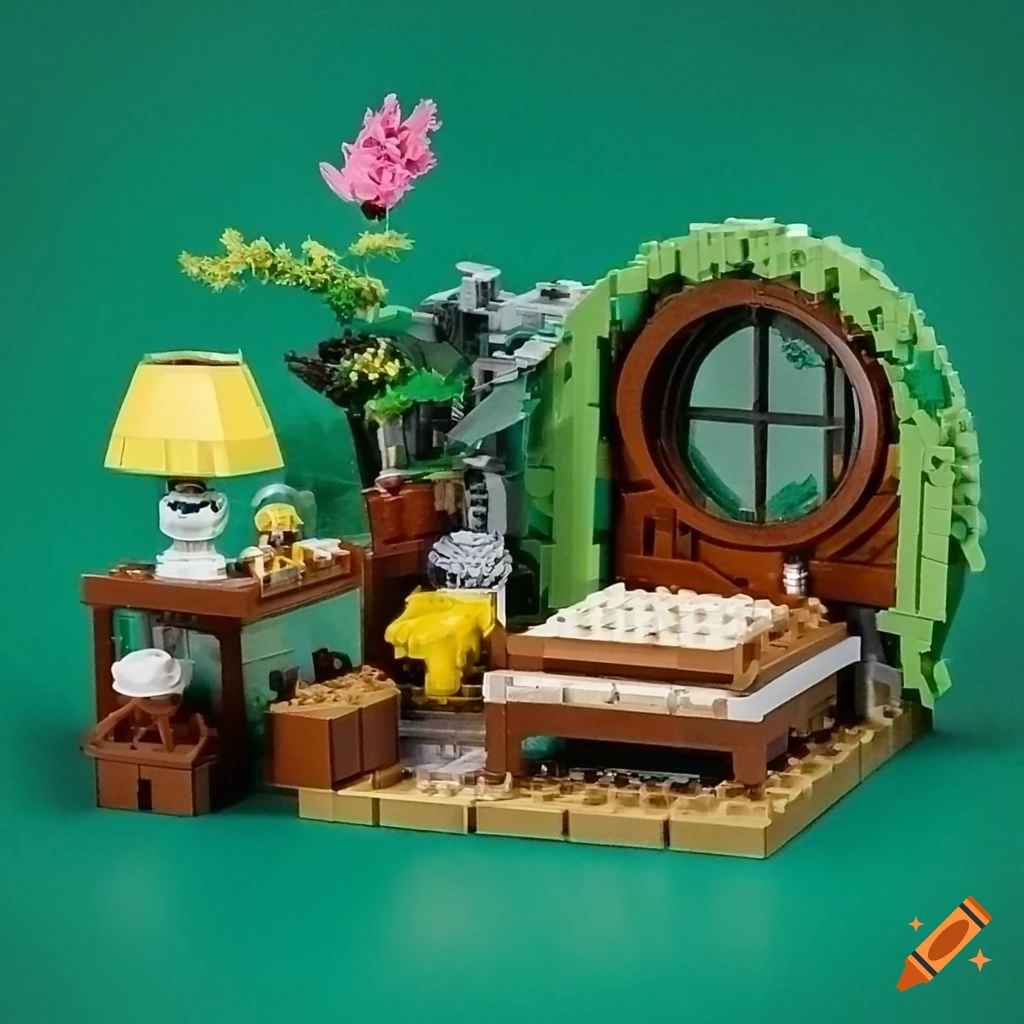 Hobbit-themed lego bedroom with lots of plants on Craiyon