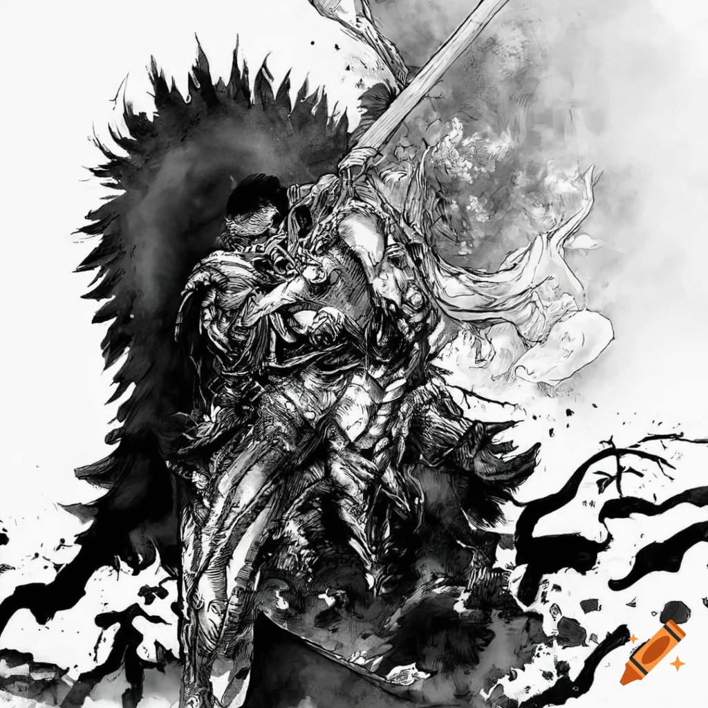 Intricate black and white manga artwork of guts from berserk on Craiyon