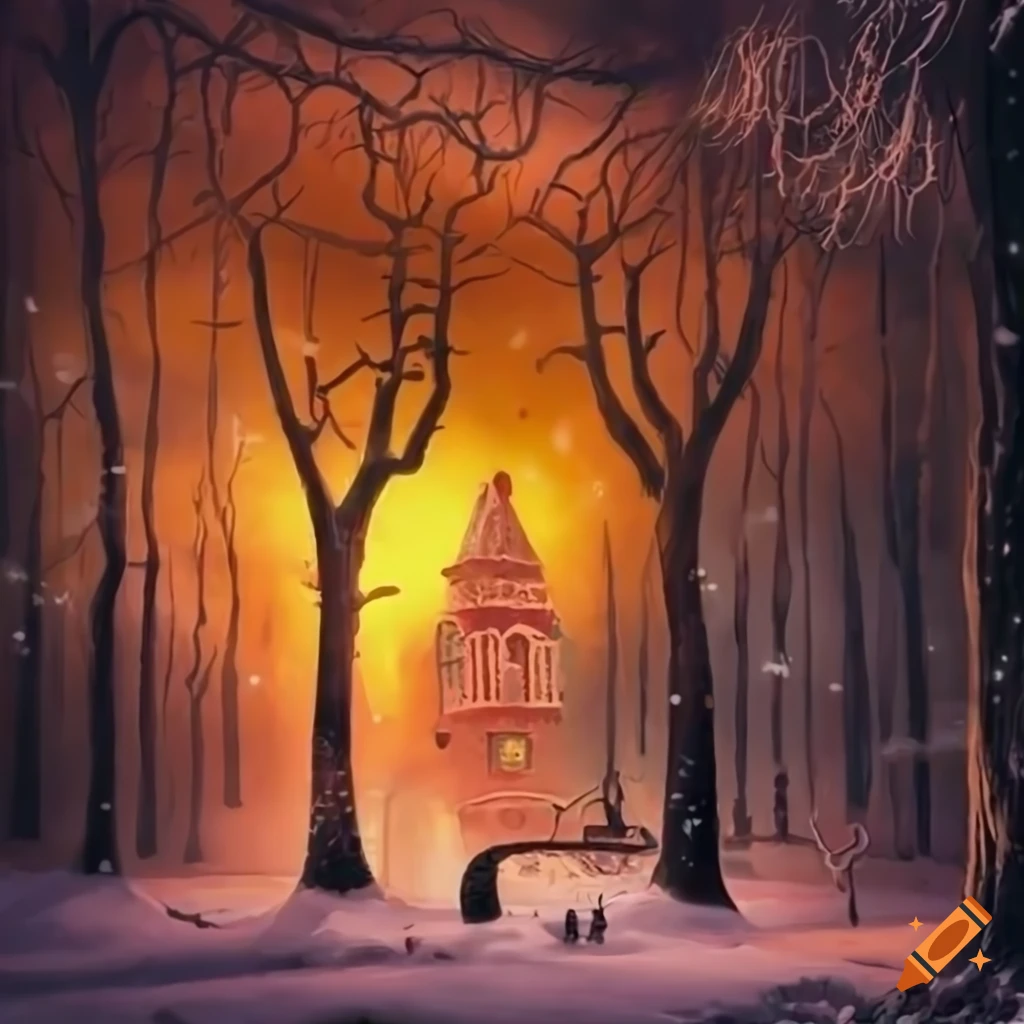 surrealistic snowy landscape with strange creatures and frozen trees