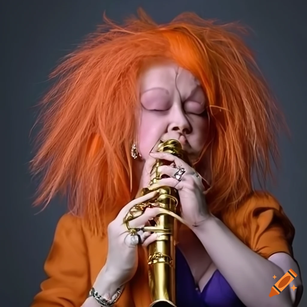close-up of sleeping Cyndi Lauper with pink-orange frizzy hair